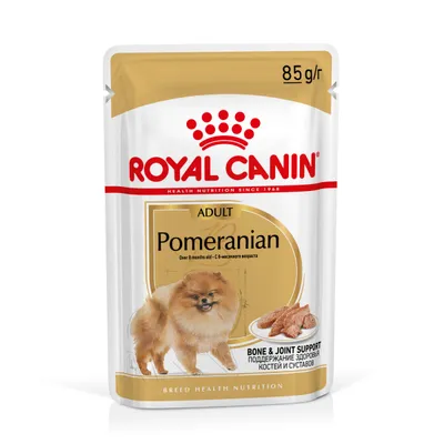 Royal Canin Adult Pomeranian, 85 g. Texto visível: Bone & Joint Support, Over 8 months old. Imagem de um cão Pomeranian e comida húmida em saqueta.