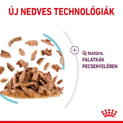 ÚJ NEDVES TECHNOLÓGIÁK. Új textúra, FALATKÁK PECSENYELÉBEN. Húsdarabok szaftban, Royal Canin márkajelzés.