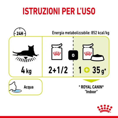 Istruzioni per l’uso: gatto 4 kg, 2 e 1/2 buste oppure 1 busta più 35 g di crocchette Royal Canin Indoor. Energia metabolizzabile: 852 kcal/kg. Acqua sempre disponibile.