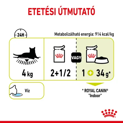 Etetési útmutató: 4 kg-os macska napi adagja 2 és fél tasak vagy 1 tasak + 34 g Royal Canin Indoor, metabolizálható energia 914 kcal/kg, friss víz szükséges.