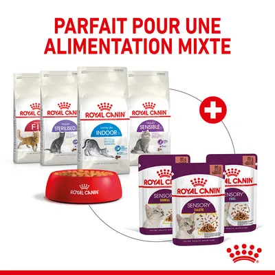 Sachets et sacs de croquettes Royal Canin pour chats : Fit, Sterilised, Indoor 27, Sensible 33, Sensory Smell, Taste, Feel. Texte visible : Parfait pour une alimentation mixte.