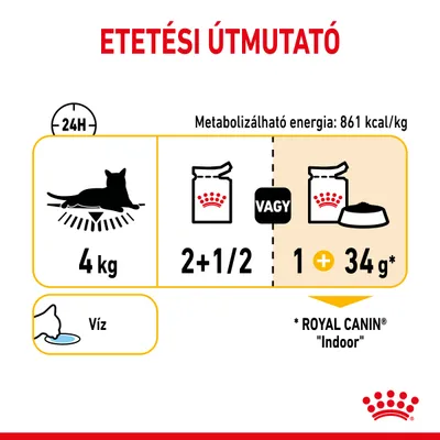Etetési útmutató 4 kg-os macskának: napi 2 és fél tasak vagy 1 tasak + 34 g ROYAL CANIN Indoor, metabolizálható energia 861 kcal/kg, friss víz biztosítása szükséges.