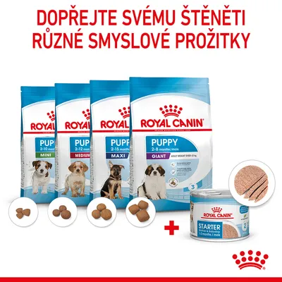 Royal Canin Puppy Mini, Medium, Maxi, Giant granule a konzerva Starter pro štěňata. Text: Dopřejte svému štěněti různé smyslové prožitky.