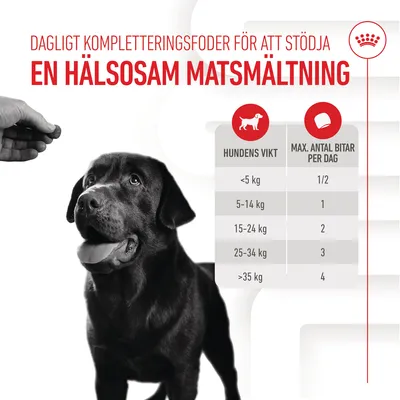 Utfodringstabell för hund: dagligt kompletteringsfoder. Hundens vikt <5 kg 1/2 bit, 5–14 kg 1 bit, 15–24 kg 2 bitar, 25–34 kg 3 bitar, >35 kg 4 bitar per dag.