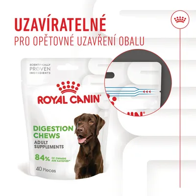 ROYAL CANIN Digestion Chews Adult Supplements, 40 Pieces. Uzavíratelné balení pro opětovné uzavření obalu, zvýrazněno detailní ilustrací zipu.