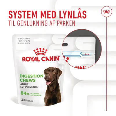 Royal Canin Digestion Chews Adult Supplements, 40 Pieces. System med lynlås til genlukning af pakken. 84% of owners are satisfied. Billede viser brun hund på emballagen.