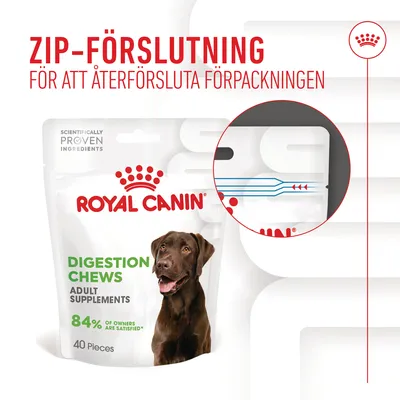 ROYAL CANIN Digestion Chews Adult Supplements, 40 bitar. Zip-förslutning för att återförsluta förpackningen. 84 % of owners are satisfied*. Bild på brun hund på förpackningen.