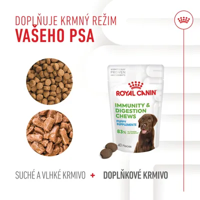 ROYAL CANIN Immunity & Digestion Chews Puppy Supplements, 40 kusů. Doplňuje krmný režim vašeho psa. Suché a vlhké krmivo plus doplňkové krmivo.