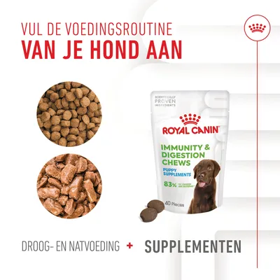 Royal Canin Immunity & Digestion Chews Puppy Supplements, verpakking met 40 stuks. Tekst: Vul de voedingsroutine van je hond aan. Droog- en natvoeding + supplementen.