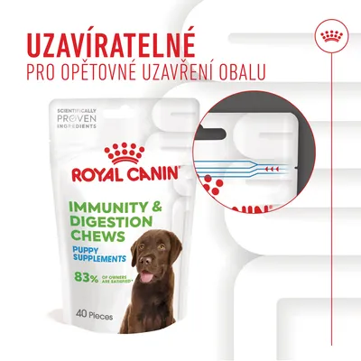 Obal Royal Canin Immunity & Digestion Chews Puppy Supplements, 40 ks, uzavíratelný pro opětovné uzavření. Viditelné: 83 % of owners are satisfied, SCIENTIFICALLY PROVEN INGREDIENTS.