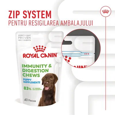 ROYAL CANIN Immunity & Digestion Chews Puppy Supplements, 40 bucăți. Zip system pentru resigilarea ambalajului. 83% of owners are satisfied. Scientifically proven ingredients.