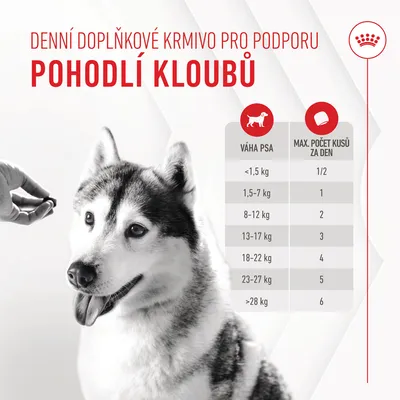 Denní doplňkové krmivo pro podporu pohodlí kloubů. Tabulka dávkování podle váhy psa: <1,5 kg 1/2 ks, 1,5–7 kg 1 ks, 8–12 kg 2 ks, 13–17 kg 3 ks, 18–22 kg 4 ks, 23–27 kg 5 ks, >28 kg 6 ks.