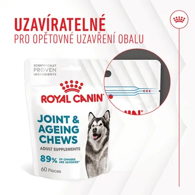 Obal Royal Canin Joint & Ageing Chews, 60 ks, uzavíratelný pro opětovné uzavření. Text: 89 % of owners are satisfied, scientifically proven ingredients.