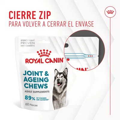 ROYAL CANIN Joint & Ageing Chews, 60 piezas. Cierre zip para volver a cerrar el envase. 89% of owners are satisfied. Imagen del envase con detalle del cierre.