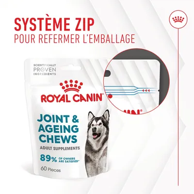 Royal Canin Joint & Ageing Chews, 60 pièces, système zip refermable, 89 % de propriétaires satisfaits, ingrédients scientifiquement prouvés. Texte en anglais sur l’emballage.