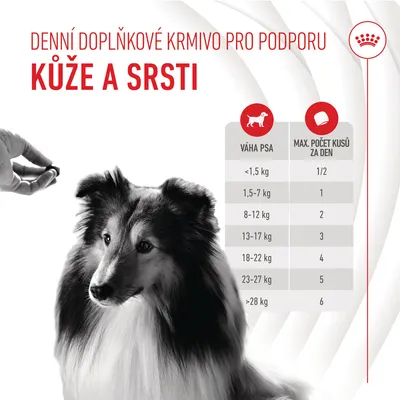 Denní doplňkové krmivo pro podporu kůže a srsti. Tabulka: váha psa a maximální počet kusů za den, od 1/2 kusu (<1,5 kg) do 6 kusů (>28 kg).