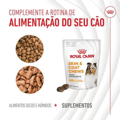 ROYAL CANIN Skin & Coat Chews Adult Supplements, embalagem com 60 unidades. Texto visível: '86% of owners are satisfied', 'alimentos secos e húmidos + suplementos'.