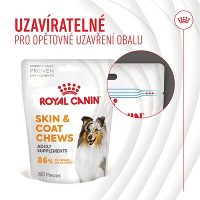 ROYAL CANIN SKIN & COAT CHEWS Adult Supplements, 60 Pieces. Uzavíratelné balení pro opětovné uzavření obalu. 86% of owners are satisfied. SCIENTIFICALLY PROVEN INGREDIENTS.