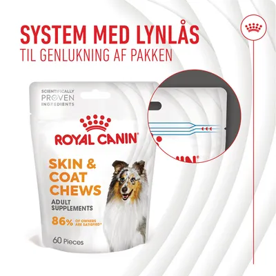 Royal Canin Skin & Coat Chews Adult Supplements, 60 Pieces. System med lynlås til genlukning af pakken. 86% of owners are satisfied. Scientifically proven ingredients.