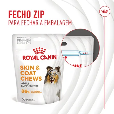 ROYAL CANIN Skin & Coat Chews Adult Supplements, 60 pieces. Fecho zip para fechar a embalagem. 86% of owners are satisfied. Scientifically proven ingredients.