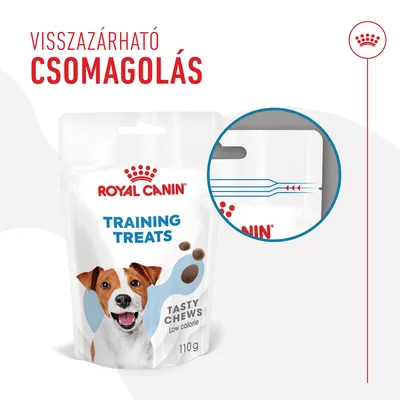 Royal Canin Training Treats Tasty Chews Low Calorie 110 g, visszazárható csomagolás felirattal és csomagolásrészlet nagyítva.