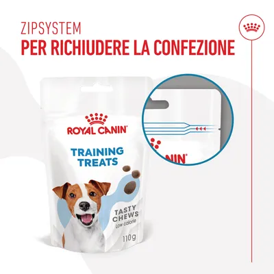 ROYAL CANIN TRAINING TREATS TASTY CHEWS Low calorie 110g, confezione con sistema ZIP per richiudere. Testo: ZIPSYSTEM PER RICHIUDERE LA CONFEZIONE.