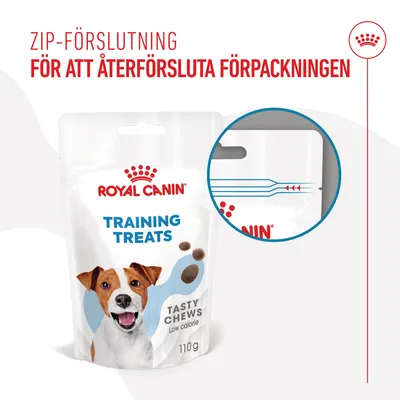 Royal Canin Training Treats Tasty Chews Low calorie 110g med zip-förslutning. Text: Zip-förslutning för att återförsluta förpackningen. Närbild på zip-detalj.