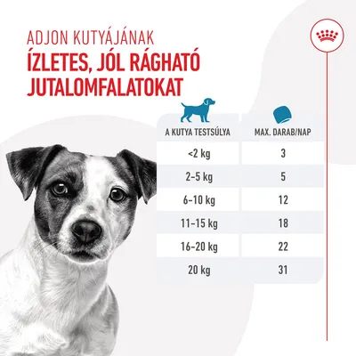 Ízletes, jól rágható jutalomfalatok. Etetési útmutató: kutya testsúlya <2 kg 3 db, 2–5 kg 5 db, 6–10 kg 12 db, 11–15 kg 18 db, 16–20 kg 22 db, 20 kg 31 db naponta.