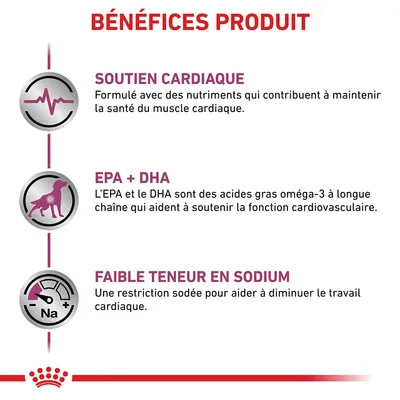 BÉNÉFICES PRODUIT : SOUTIEN CARDIAQUE, EPA + DHA, FAIBLE TENEUR EN SODIUM. Détails sur les nutriments pour la santé cardiaque, oméga-3 et restriction sodée visibles dans l’image.