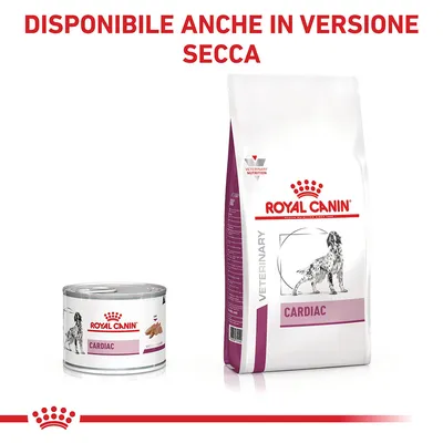 Royal Canin Cardiac cibo per cani, lattina e sacco con testo: DISPONIBILE ANCHE IN VERSIONE SECCA. Immagine di cane su entrambe le confezioni.
