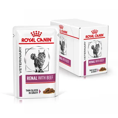 Royal Canin Veterinary Renal with Beef, Thin Slices in Gravy. Förpackning och kartong med bild på katt. Synlig text: RENAL WITH BEEF, THIN SLICES IN GRAVY.