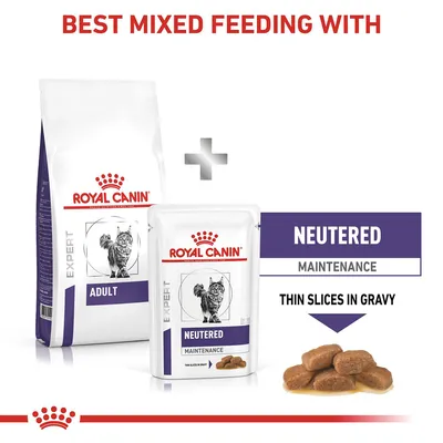 Mixed feeding recommendation with Royal Canin Adult dry food and Neutered Maintenance thin slices in gravy, showing both product packaging and food pieces.