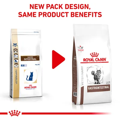 Image shows old and new packaging for Royal Canin Gastrointestinal veterinary food with text: New pack design, same product benefits.
