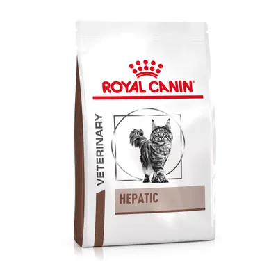 Royal Canin Veterinary Hepatic Katzenfutter, Verpackung mit Bild einer Katze und braunem Design.