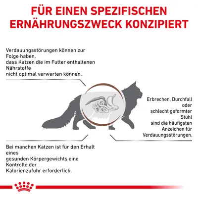 Текст на немецком: FÜR EINEN SPEZIFISCHEN ERNÄHRUNGSZWECK KONZIPIERT. Инфографика с силуэтом кошки и описанием пищеварительных проблем и контроля калорийности. Текст на немецком: FÜR EINEN SPEZIFISCHEN ERNÄHRUNGSZWECK KONZIPIERT. Инфографика с силуэтом кошки и описанием пищеварительных проблем и контроля калорийности.