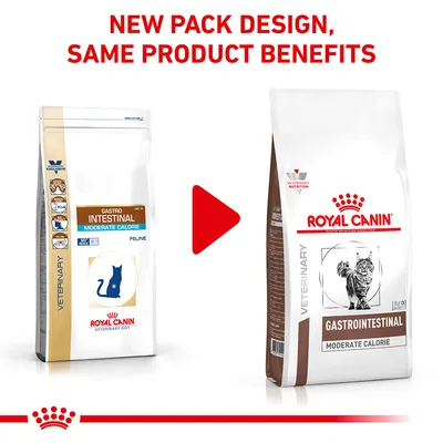 Image showing new pack design for Royal Canin Gastrointestinal Moderate Calorie with the message: New pack design, same product benefits.