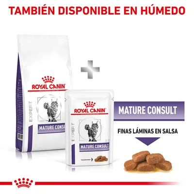 Royal Canin Expert Mature Consult, disponible en seco y húmedo. Finas láminas en salsa. Imagen de envase grande y sobre pequeño con croquetas húmedas visibles.
