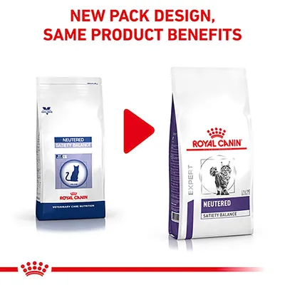 Image shows a change in packaging for Neutered Satiety Balance, stating 'New pack design, same product benefits'.