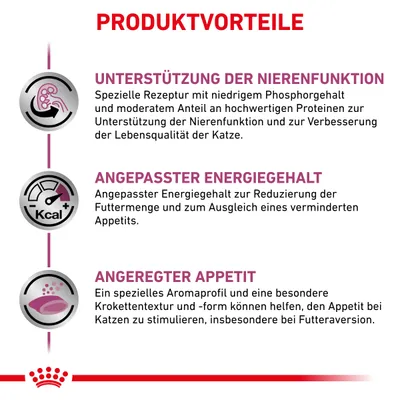 Produktvorteile: Unterstützung der Nierenfunktion, angepasster Energiegehalt zur Appetitreduktion, angeregter Appetit durch spezielles Aromaprofil und Krokettenstruktur für Katzen.