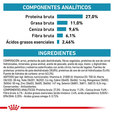 Componentes analíticos: proteína bruta 27 %, grasa bruta 11 %, ceniza bruta 9,6 %, fibra bruta 6,1 %, ácidos grasos esenciales 2,46 %. Ingredientes y aditivos detallados visibles.