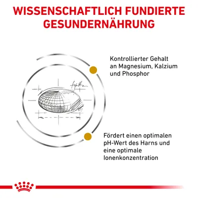 Texte en allemand : Wissenschaftlich fundierte Gesundernaehrung. Contrôle du magnésium, calcium et phosphore. Favorise un pH urinaire optimal et une concentration ionique optimale.