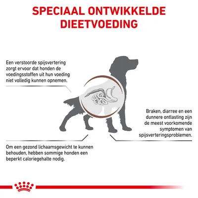 Speciaal ontwikkelde dieetvoeding. Tekst: Een verstoorde spijsvertering zorgt ervoor dat honden de voedingsstoffen uit hun voeding niet volledig kunnen opnemen. Braken, diarree en een dunnere ontlasting zijn de meest voorkomende symptomen van spijsverteringsproblemen. Om een gezond lichaamsgewicht te behouden, hebben sommige honden een beperkt caloriegehalte nodig.