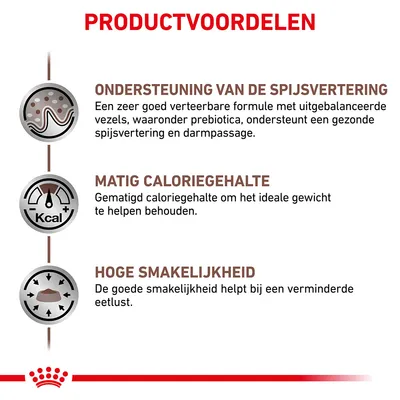 Productvoordelen: ondersteuning van de spijsvertering, matig caloriegehalte, hoge smakelijkheid. Uitleg over vezels, gewichtsbehoud en eetlust zoals zichtbaar in de afbeelding.