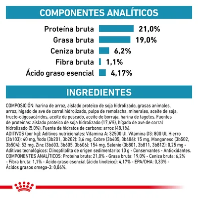 Componentes analíticos: proteína bruta 21 %, grasa bruta 19 %, ceniza bruta 6,2 %, fibra bruta 1,1 %, ácido graso esencial 4,17 %. Ingredientes y aditivos detallados en la imagen.