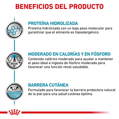 Beneficios del producto: proteína hidrolizada hipoalergénica, moderado en calorías y fósforo para función renal, barrera cutánea para salud de la piel. Texto en español.