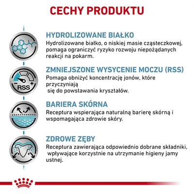 Cechy produktu: hydrolizowane białko, zmniejszone wysycenie moczu (RSS), bariera skórna, zdrowe zęby. Szczegółowe opisy każdej cechy widoczne na obrazie.