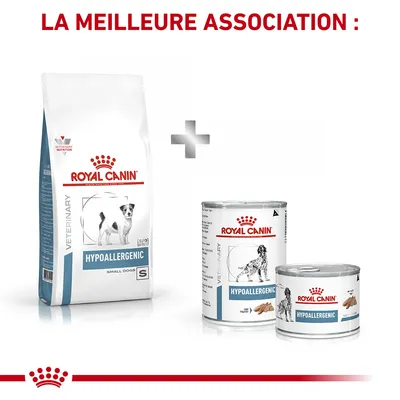 Royal Canin Hypoallergenic pour chiens : un sac de croquettes Small Dogs et deux boîtes de pâtée, texte visible « LA MEILLEURE ASSOCIATION » en haut de l’image.