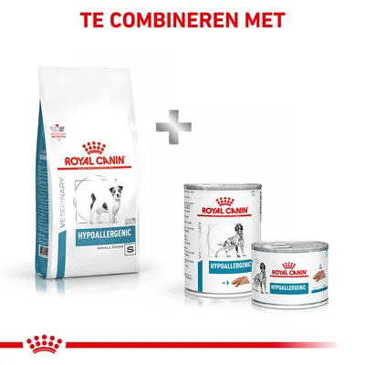 Royal Canin Hypoallergenic droogvoer voor kleine honden, te combineren met Royal Canin Hypoallergenic natvoer in blik. Tekst: TE COMBINEREN MET.