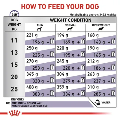 Feeding guide table showing daily dry food amounts in grams for different dog weights and conditions, with options to mix with one Mature Consult Loaf Pouch 85g. Water should be provided.