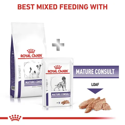 Mixed feeding recommendation showing Royal Canin Mature Consult dry food and wet loaf food, with text 'Best mixed feeding with' and 'Mature Consult Loaf'.